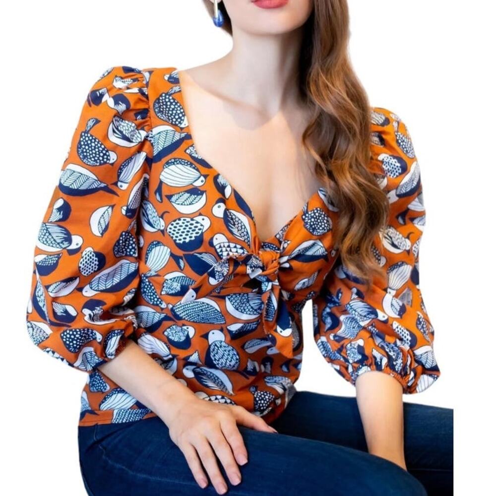 Anthropologie Blouse Eva Franco Blue Bird Pattern Cotton Sweetheart
